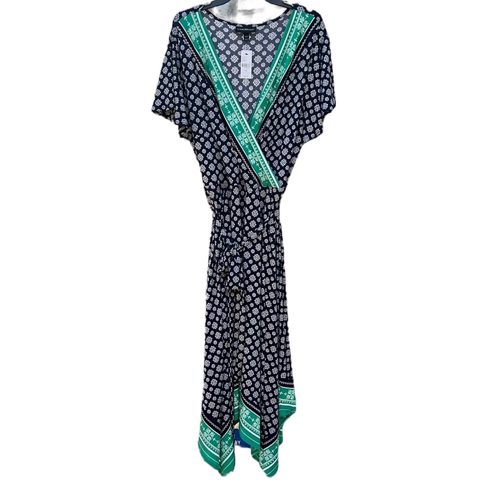 Lane Bryant Faux Wrap Handkerchief Hem Geo Print Midi Dress 18/20 Navy